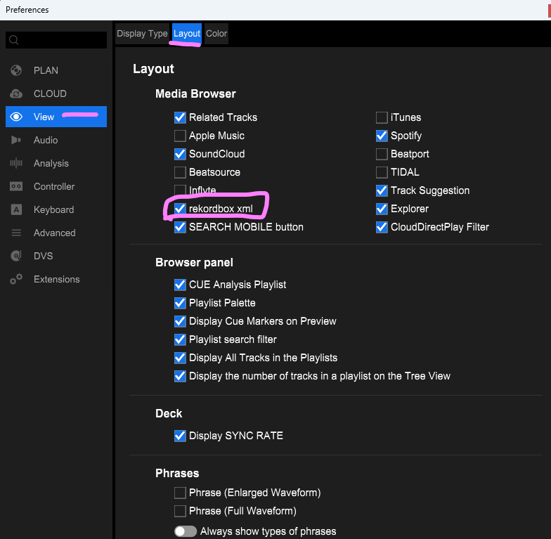 Make sure rekordbox xml is selected in Rekordbox layout settings